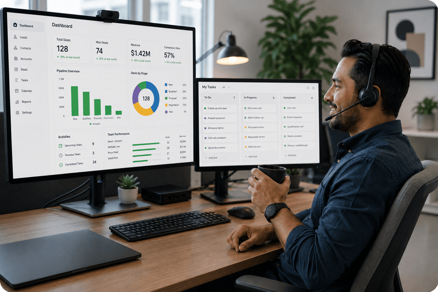 A professional reviewing clean Salesforce dashboards and task boards at a multi-monitor workstation