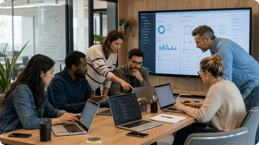 A team collaborating around a table with laptops, reviewing Salesforce dashboards on a shared screen